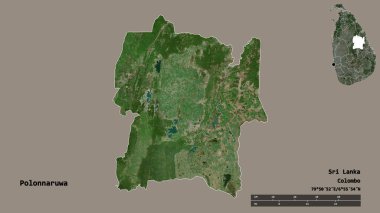 Sri Lanka 'nın Polonnaruwa ilçesi, başkenti sağlam arka planda izole edilmiştir. Uzaklık ölçeği, bölge önizlemesi ve etiketleri. Uydu görüntüleri. 3B görüntüleme
