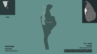 Puttalam 'ın şekli, Sri Lanka bölgesi ve başkenti. Uzaklık ölçeği, ön gösterimler ve etiketler. Renkli yükseklik haritası. 3B görüntüleme