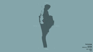 Puttalam bölgesi, Sri Lanka bölgesi, jeoreferatlı bir sınır kutusunda sağlam bir arka planda izole edilmiş. Etiketler. Renkli yükseklik haritası. 3B görüntüleme