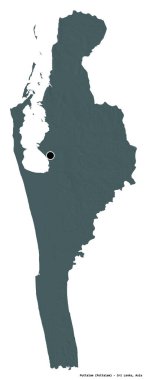 Sri Lanka 'nın Puttalam ilçesi, başkenti beyaz arka planda izole edilmiştir. Renkli yükseklik haritası. 3B görüntüleme