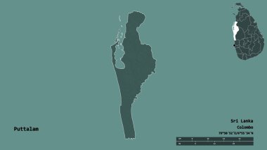 Sri Lanka 'nın Puttalam ilçesi, başkenti sağlam arka planda izole edilmiştir. Uzaklık ölçeği, bölge önizlemesi ve etiketleri. Renkli yükseklik haritası. 3B görüntüleme