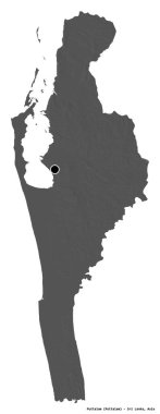 Sri Lanka 'nın Puttalam ilçesi, başkenti beyaz arka planda izole edilmiştir. Çift seviyeli yükseklik haritası. 3B görüntüleme