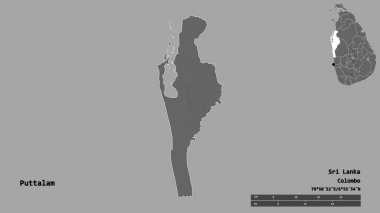 Sri Lanka 'nın Puttalam ilçesi, başkenti sağlam arka planda izole edilmiştir. Uzaklık ölçeği, bölge önizlemesi ve etiketleri. Çift seviyeli yükseklik haritası. 3B görüntüleme