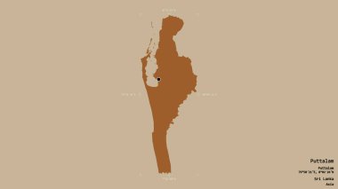 Puttalam bölgesi, Sri Lanka bölgesi, jeoreferatlı bir sınır kutusunda sağlam bir arka planda izole edilmiş. Etiketler. Desenli dokuların bileşimi. 3B görüntüleme