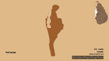 Sri Lanka 'nın Puttalam ilçesi, başkenti sağlam arka planda izole edilmiştir. Uzaklık ölçeği, bölge önizlemesi ve etiketleri. Desenli dokuların bileşimi. 3B görüntüleme