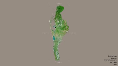 Puttalam bölgesi, Sri Lanka bölgesi, jeoreferatlı bir sınır kutusunda sağlam bir arka planda izole edilmiş. Etiketler. Uydu görüntüleri. 3B görüntüleme