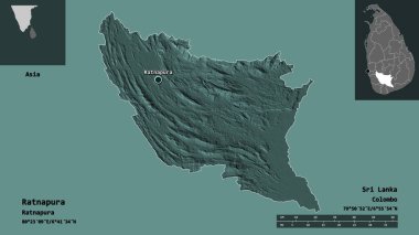 Ratnapura 'nın şekli, Sri Lanka bölgesi ve başkenti. Uzaklık ölçeği, ön gösterimler ve etiketler. Renkli yükseklik haritası. 3B görüntüleme