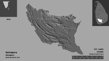 Ratnapura 'nın şekli, Sri Lanka bölgesi ve başkenti. Uzaklık ölçeği, ön gösterimler ve etiketler. Çift seviyeli yükseklik haritası. 3B görüntüleme