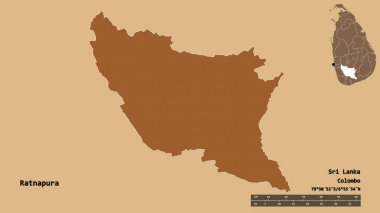Sri Lanka 'nın Ratnapura ilçesi, başkenti katı bir zemin ile izole edilmiştir. Uzaklık ölçeği, bölge önizlemesi ve etiketleri. Desenli dokuların bileşimi. 3B görüntüleme