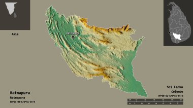 Ratnapura 'nın şekli, Sri Lanka bölgesi ve başkenti. Uzaklık ölçeği, ön gösterimler ve etiketler. Topografik yardım haritası. 3B görüntüleme