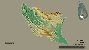 Sri Lanka 'nın Ratnapura ilçesi, başkenti katı bir zemin ile izole edilmiştir. Uzaklık ölçeği, bölge önizlemesi ve etiketleri. Topografik yardım haritası. 3B görüntüleme