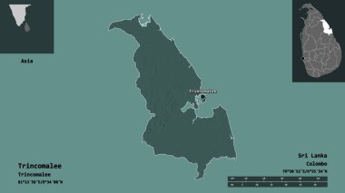 Trincomalee 'nin şekli, Sri Lanka bölgesi ve başkenti. Uzaklık ölçeği, ön gösterimler ve etiketler. Renkli yükseklik haritası. 3B görüntüleme