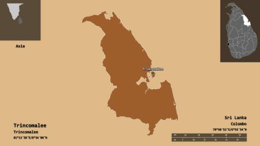 Trincomalee 'nin şekli, Sri Lanka bölgesi ve başkenti. Uzaklık ölçeği, ön gösterimler ve etiketler. Desenli dokuların bileşimi. 3B görüntüleme