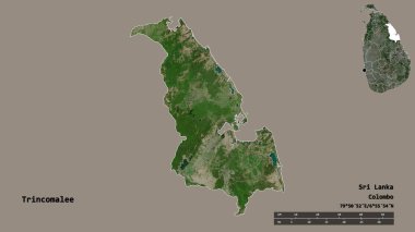 Sri Lanka 'nın Trincomalee ilçesi, başkenti sağlam arka planda izole edilmiştir. Uzaklık ölçeği, bölge önizlemesi ve etiketleri. Uydu görüntüleri. 3B görüntüleme