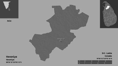 Sri Lanka 'nın Vavuniya ilçesi ve başkenti. Uzaklık ölçeği, ön gösterimler ve etiketler. Çift seviyeli yükseklik haritası. 3B görüntüleme