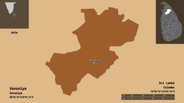 Sri Lanka 'nın Vavuniya ilçesi ve başkenti. Uzaklık ölçeği, ön gösterimler ve etiketler. Desenli dokuların bileşimi. 3B görüntüleme