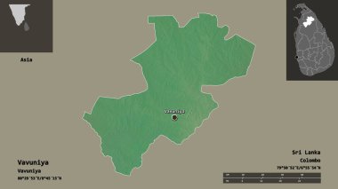 Sri Lanka 'nın Vavuniya ilçesi ve başkenti. Uzaklık ölçeği, ön gösterimler ve etiketler. Topografik yardım haritası. 3B görüntüleme