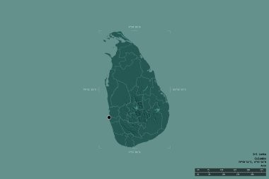 Sri Lanka bölgesi katı bir arka planda izole edilmiş bir sınır kutusunda. Ana bölgesel bölüm, mesafe ölçeği, etiketler. Renkli yükseklik haritası. 3B görüntüleme