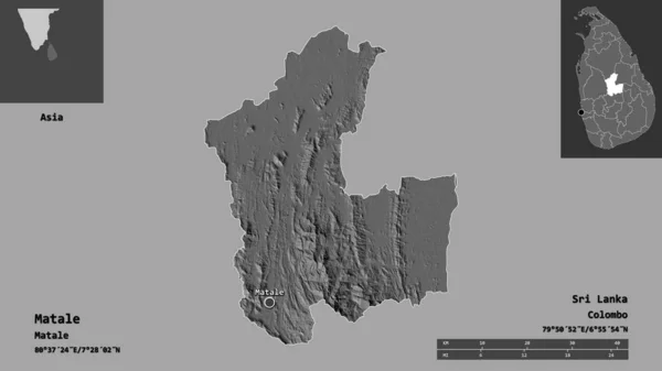 マターレの形 スリランカの地区 およびその首都 距離スケール プレビューおよびラベル 標高マップ 3Dレンダリング — ストック写真