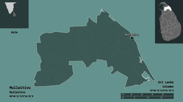 斯里兰卡Mullaitivu地区的形状及其首都 距离刻度 预览和标签 彩色高程图 3D渲染 — 图库照片