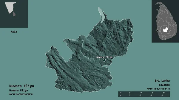 斯里兰卡Nuwara Eliya地区的形状及其首都 距离刻度 预览和标签 彩色高程图 3D渲染 — 图库照片