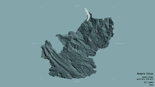 Area of Nuwara Eliya, district of Sri Lanka, isolated on a solid background in a georeferenced bounding box. Labels. Colored elevation map. 3D rendering