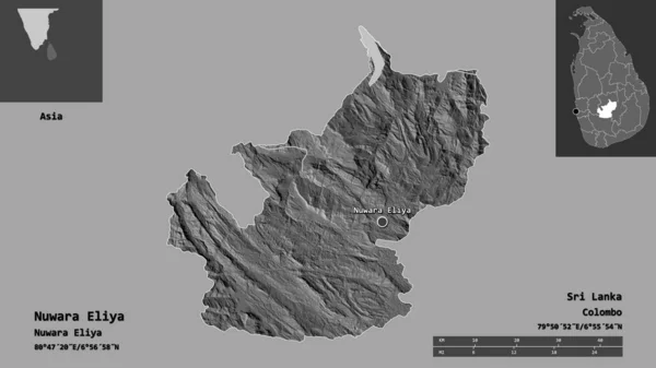 ヌワラエリヤの形 スリランカの地区 およびその首都 距離スケール プレビューおよびラベル 標高マップ 3Dレンダリング — ストック写真