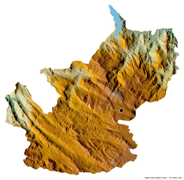 Форма Нувара-Элия, район Шри-Ланки, со столицей, изолированной на белом фоне. Топографическая карта рельефа. 3D рендеринг