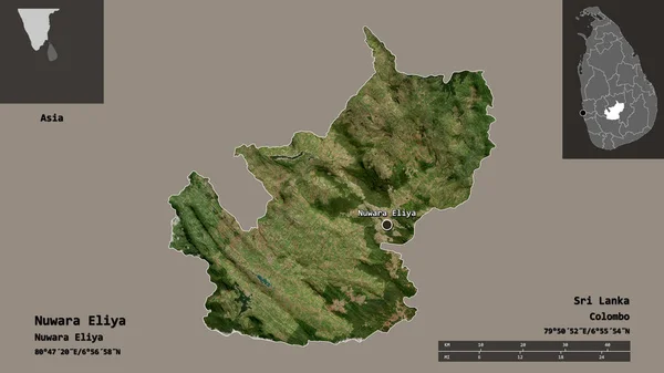 斯里兰卡Nuwara Eliya地区的形状及其首都 距离刻度 预览和标签 卫星图像 3D渲染 — 图库照片