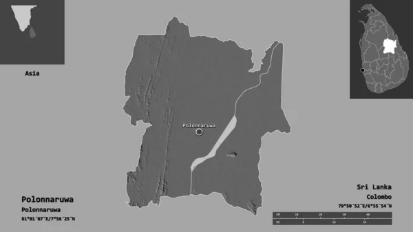 スリランカの首都ポロンナルワの形 距離スケール プレビューおよびラベル 標高マップ 3Dレンダリング — ストック写真