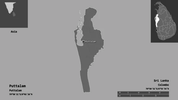プッタラムの形 スリランカの地区 およびその首都 距離スケール プレビューおよびラベル 標高マップ 3Dレンダリング — ストック写真