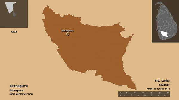 ラツナプラの形 スリランカの地区 そしてその首都 距離スケール プレビューおよびラベル パターン化されたテクスチャの構成 3Dレンダリング — ストック写真