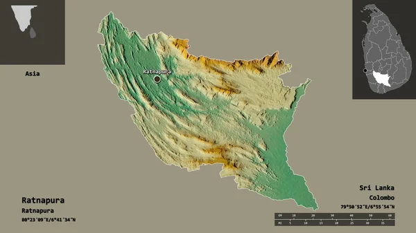 Form Ratnapura Distriktet Sri Lanka Och Dess Huvudstad Avståndsskala Förhandsvisningar — Stockfoto