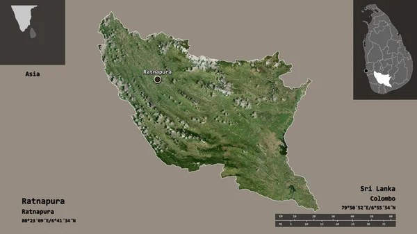 斯里兰卡拉那普拉区的形状及其首都 距离刻度 预览和标签 卫星图像 3D渲染 — 图库照片