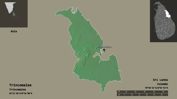 斯里兰卡的Trincomalee形状及其首都 距离刻度 预览和标签 地形浮雕图 3D渲染 — 图库照片