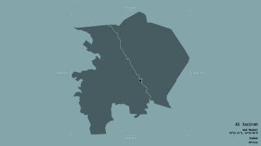 Al Jazirah bölgesi, Sudan eyaleti, jeoreferatlı bir sınır kutusunda sağlam bir arka planda izole edilmiş. Etiketler. Renkli yükseklik haritası. 3B görüntüleme