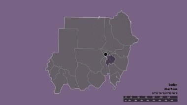 Başkenti, ana bölgesel bölümü ve ayrılmış El Cezire bölgesi ile Sudan 'ın dejenere edilmiş şekli. Etiketler. Renkli yükseklik haritası. 3B görüntüleme