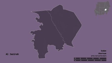 El Cezire 'nin şekli, Sudan eyaleti, başkenti sağlam arka planda izole edilmiş. Uzaklık ölçeği, bölge önizlemesi ve etiketleri. Renkli yükseklik haritası. 3B görüntüleme