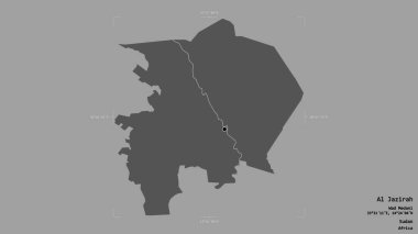 Al Jazirah bölgesi, Sudan eyaleti, jeoreferatlı bir sınır kutusunda sağlam bir arka planda izole edilmiş. Etiketler. Çift seviyeli yükseklik haritası. 3B görüntüleme