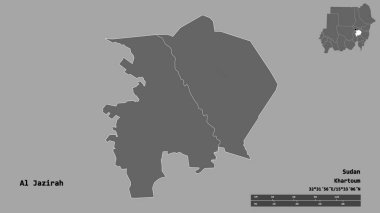 El Cezire 'nin şekli, Sudan eyaleti, başkenti sağlam arka planda izole edilmiş. Uzaklık ölçeği, bölge önizlemesi ve etiketleri. Çift seviyeli yükseklik haritası. 3B görüntüleme