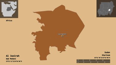 El Cezire 'nin sudan eyaleti ve başkenti. Uzaklık ölçeği, ön gösterimler ve etiketler. Desenli dokuların bileşimi. 3B görüntüleme