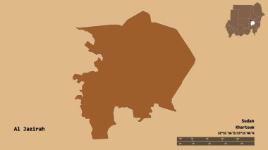 El Cezire 'nin şekli, Sudan eyaleti, başkenti sağlam arka planda izole edilmiş. Uzaklık ölçeği, bölge önizlemesi ve etiketleri. Desenli dokuların bileşimi. 3B görüntüleme