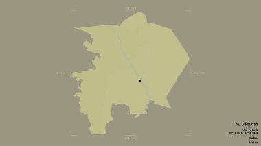 Al Jazirah bölgesi, Sudan eyaleti, jeoreferatlı bir sınır kutusunda sağlam bir arka planda izole edilmiş. Etiketler. Topografik yardım haritası. 3B görüntüleme