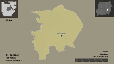 El Cezire 'nin sudan eyaleti ve başkenti. Uzaklık ölçeği, ön gösterimler ve etiketler. Topografik yardım haritası. 3B görüntüleme