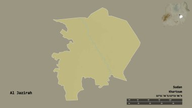 El Cezire 'nin şekli, Sudan eyaleti, başkenti sağlam arka planda izole edilmiş. Uzaklık ölçeği, bölge önizlemesi ve etiketleri. Topografik yardım haritası. 3B görüntüleme