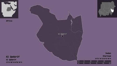 Al Qadarif 'in şekli, Sudan eyaleti ve başkenti. Uzaklık ölçeği, ön gösterimler ve etiketler. Renkli yükseklik haritası. 3B görüntüleme