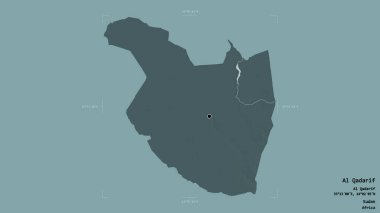 Al Qadarif bölgesi, Sudan eyaleti, jeoreferatlı bir sınır kutusunda sağlam bir arka planda izole edilmiş. Etiketler. Renkli yükseklik haritası. 3B görüntüleme
