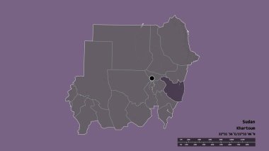 Başkenti, ana bölgesel bölümü ve ayrılmış El Kadir bölgesi ile Sudan 'ın dejenere edilmiş şekli. Etiketler. Renkli yükseklik haritası. 3B görüntüleme