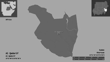 Al Qadarif 'in şekli, Sudan eyaleti ve başkenti. Uzaklık ölçeği, ön gösterimler ve etiketler. Çift seviyeli yükseklik haritası. 3B görüntüleme