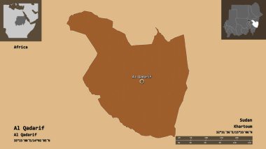Al Qadarif 'in şekli, Sudan eyaleti ve başkenti. Uzaklık ölçeği, ön gösterimler ve etiketler. Desenli dokuların bileşimi. 3B görüntüleme